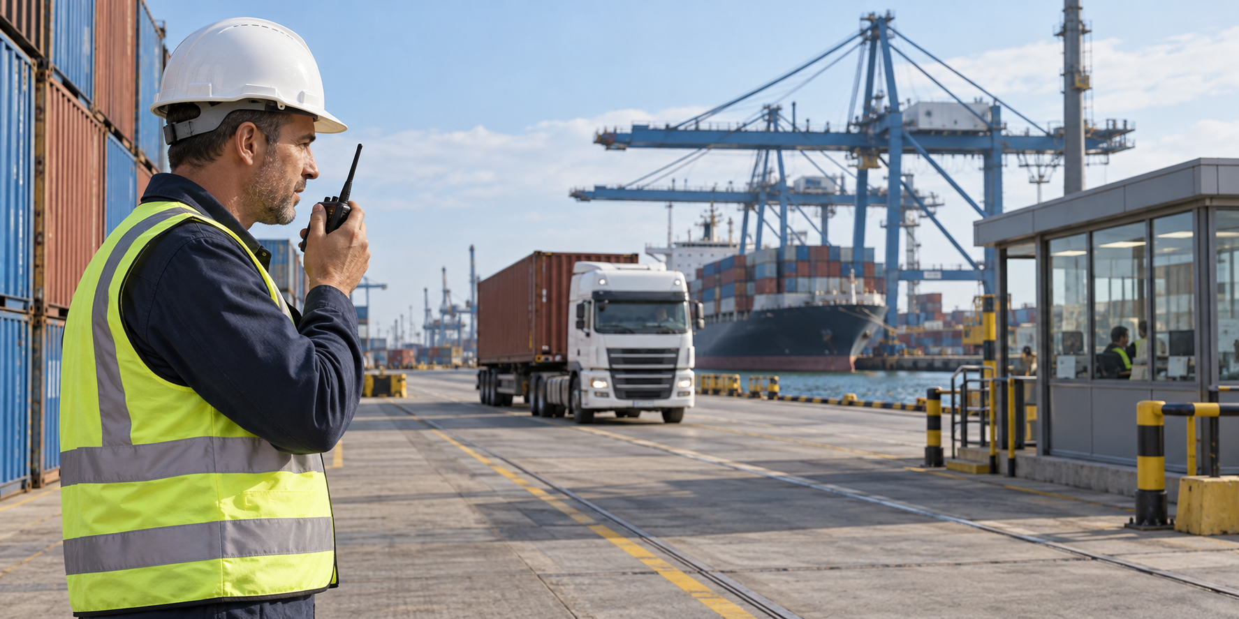 Escena ilustrativa de un puerto: supervisor con radio, transporte de contenedores y central de operaciones.